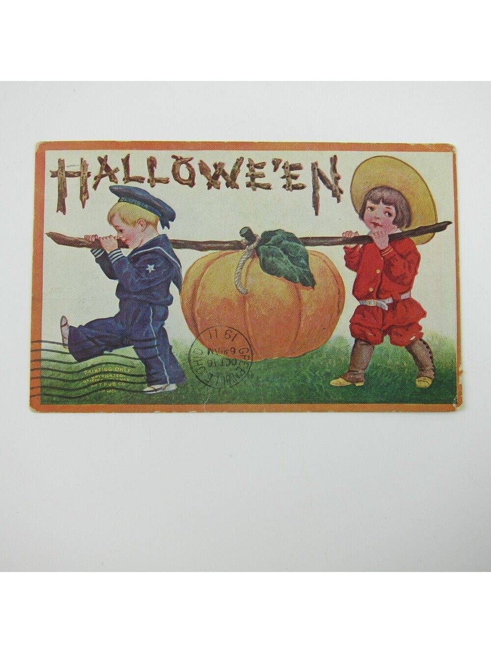Vintage Halloween Postcard Boys Red & Blue Sailor Suit Carry Giant Pumpkin 1911